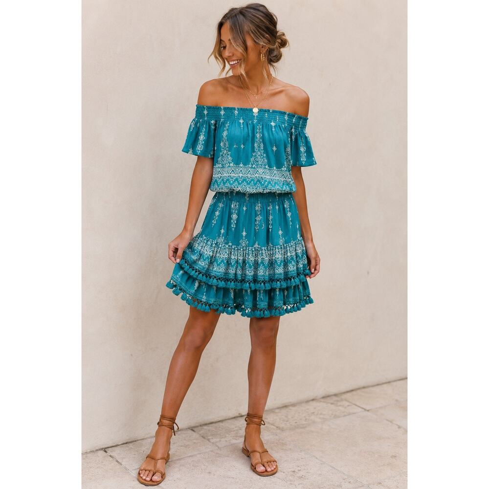 Jaase Teal Off Shoulder Boho Mini Dress Medium Tassel Ruffle